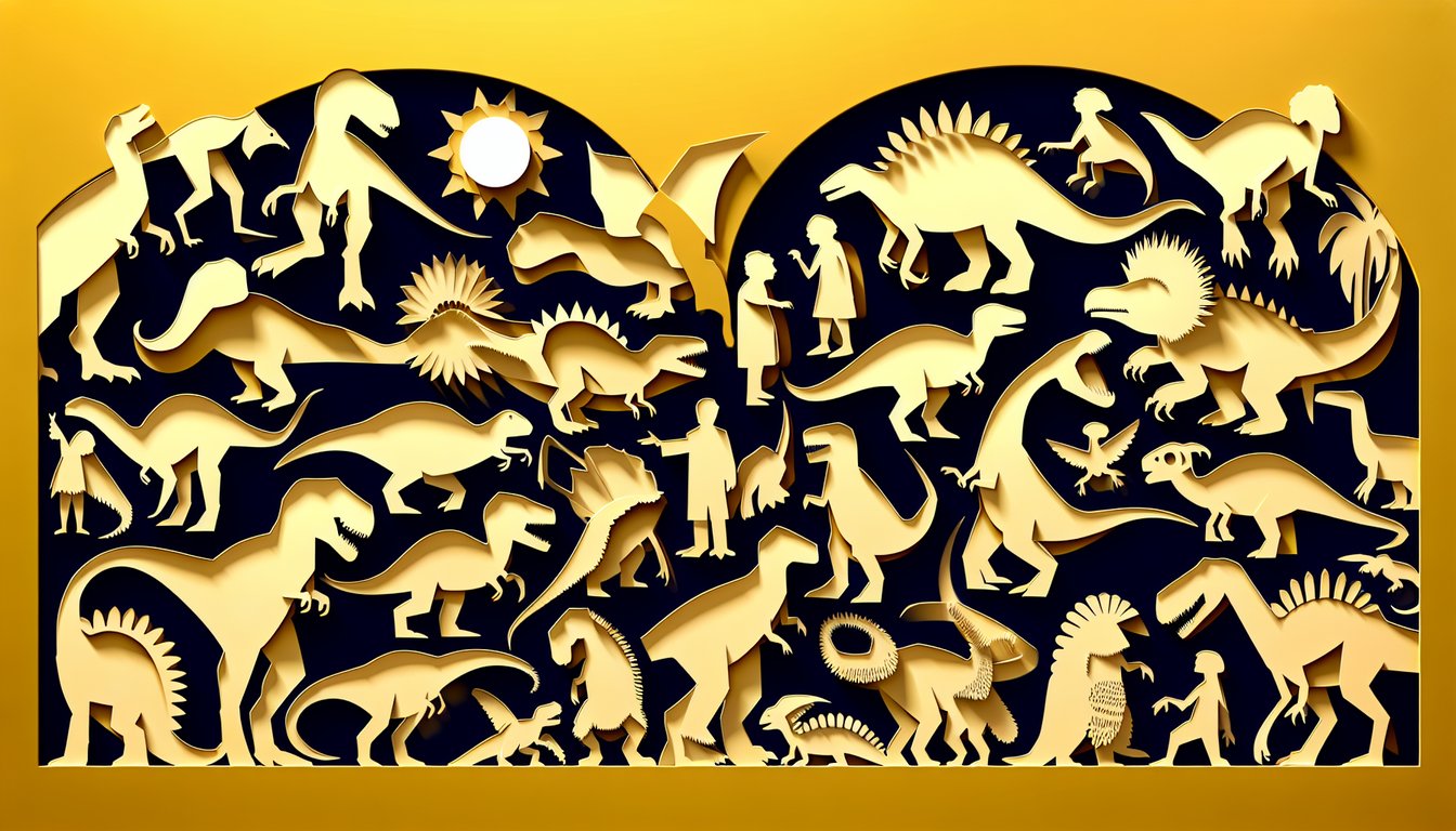 Paper art of Littlefoot Cera and Petrie on golden yellow background for Land Before Time quiz