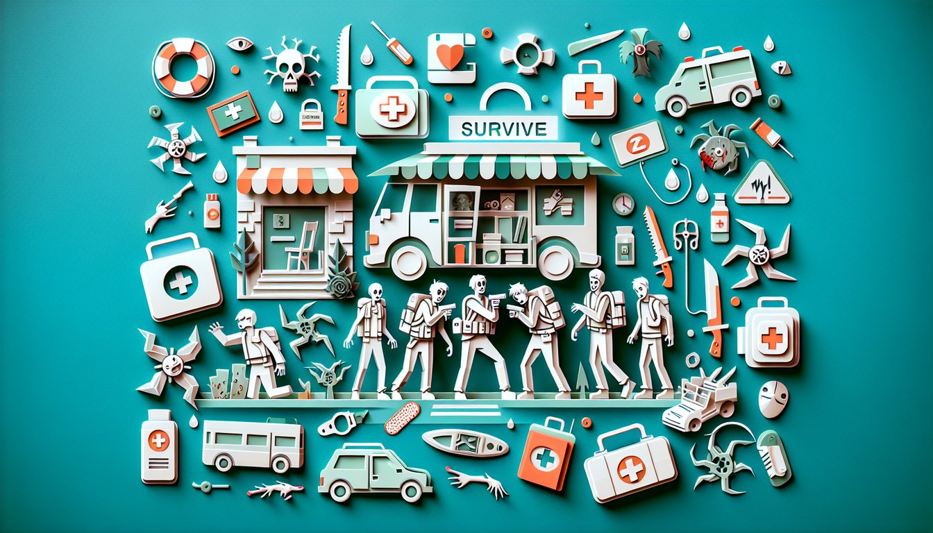Paper art illustration of zombie horde silhouettes and survival gear on teal background for a zombie survival guide quiz
