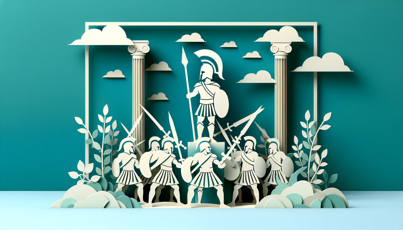 Paper art Spartan warrior wearing helmet and shield with quiz title Thermopylae battle trivia challenge on teal background
