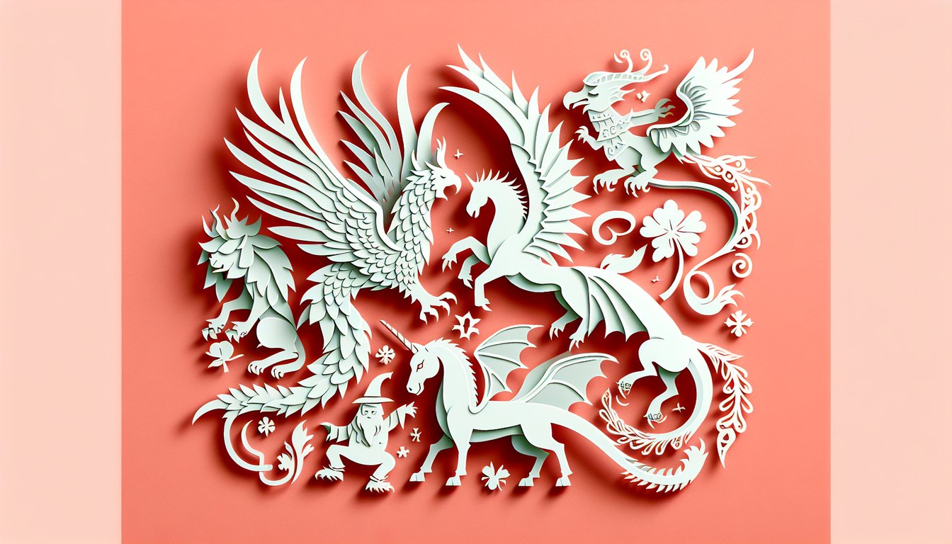 Paper art illustration for cryptid personality quiz on a coral background