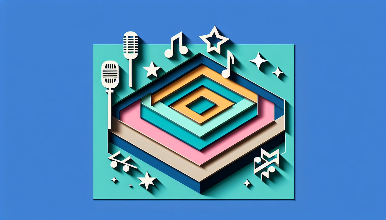 Paper art illustration for a personality quiz matching users with Treasure K-pop members on teal background.