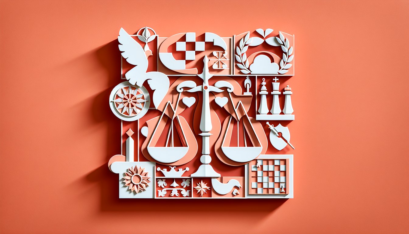 Paper art illustration of Pew political typology quiz elements with question marks and animal icons on coral background