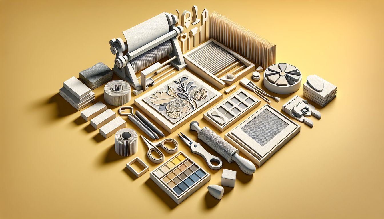 Illustration of paper art for a free printmaking knowledge quiz on a golden yellow background.