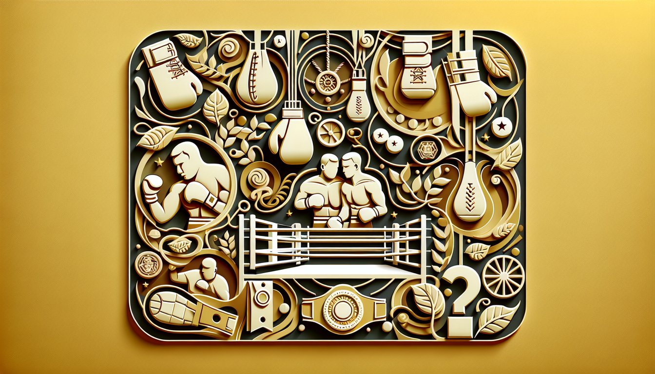 Paper art boxing gloves champion belt quiz cards and ring ropes on golden yellow background