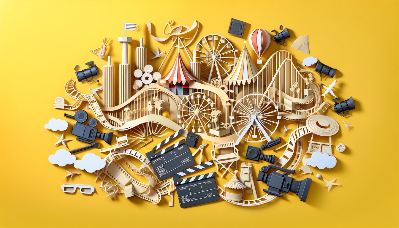 Paper art quiz illustration on Universal Studios Hollywood trivia with a golden yellow background