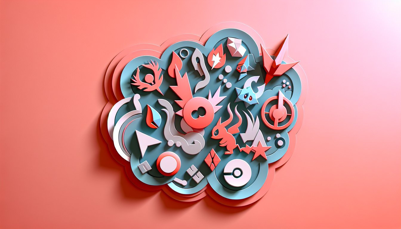 Paper cut art featuring Gen 5 Pokemon silhouettes framing quiz challenge text on coral background.