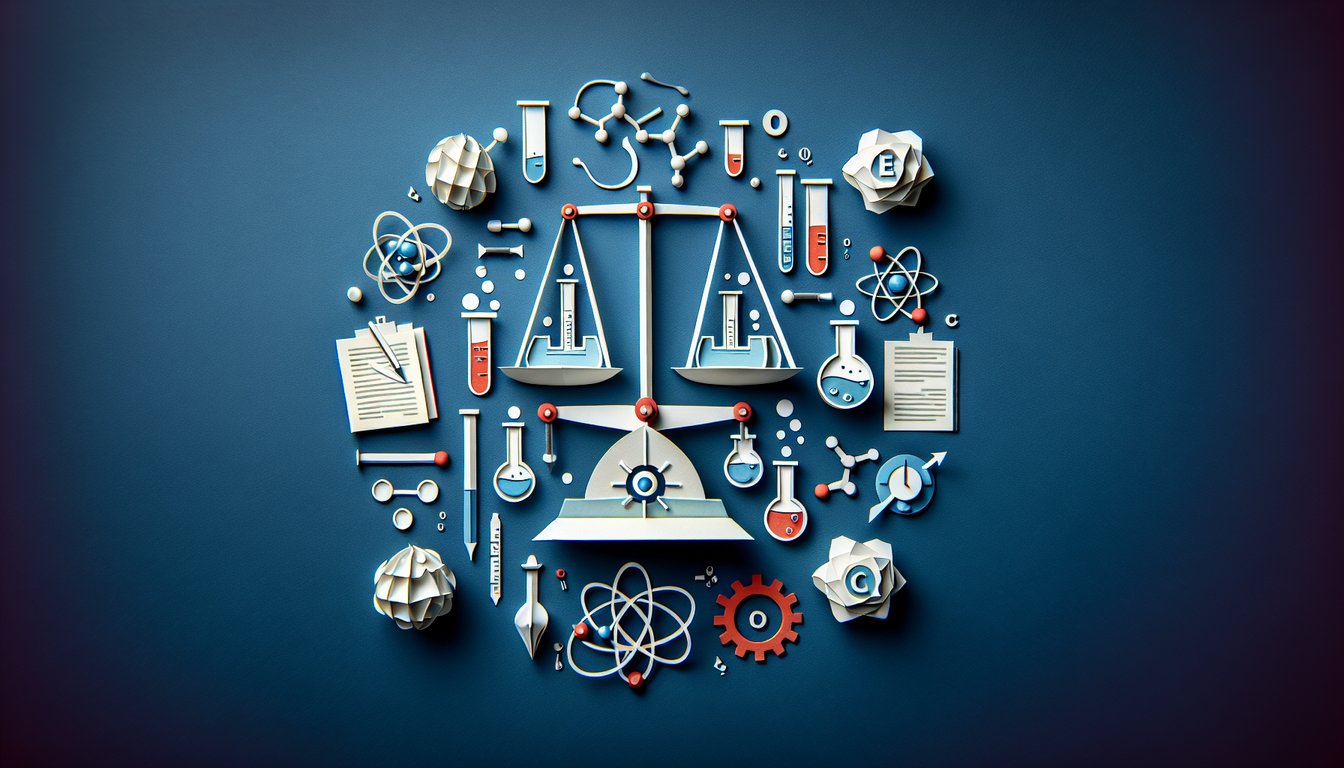 Colorful paper art promoting the Chemical Equilibrium Challenge trivia quiz for chemistry students.