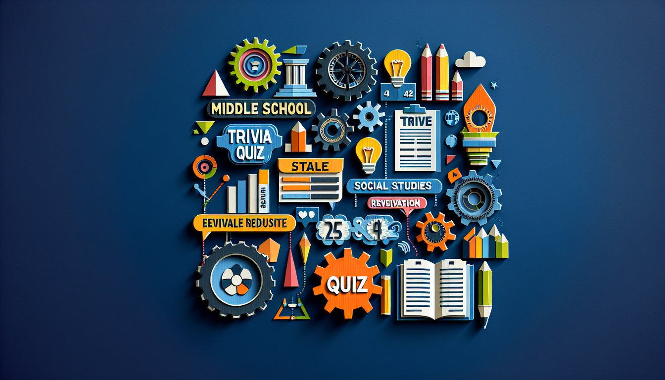 Colorful paper art promoting a fast-paced trivia quiz for middle school social studies students.