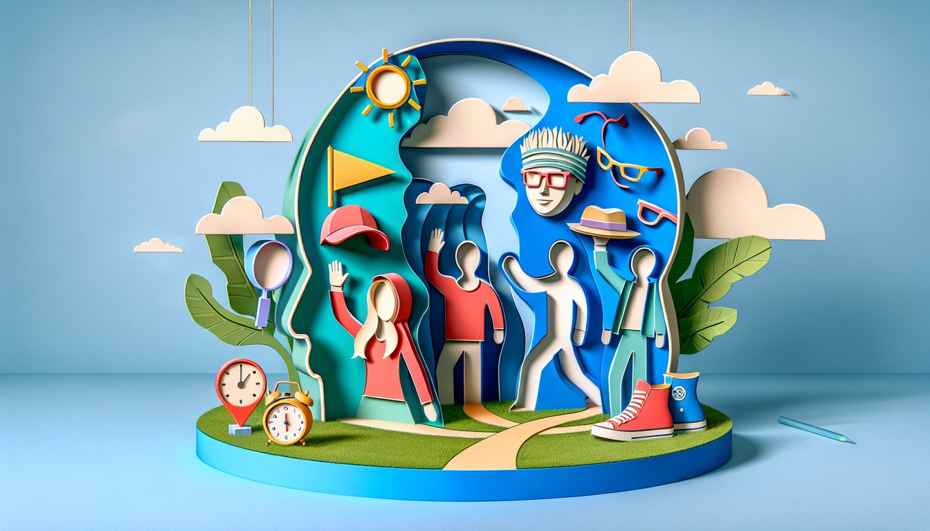 Paper art illustration for Norris Nuts personality quiz on a sky blue background.