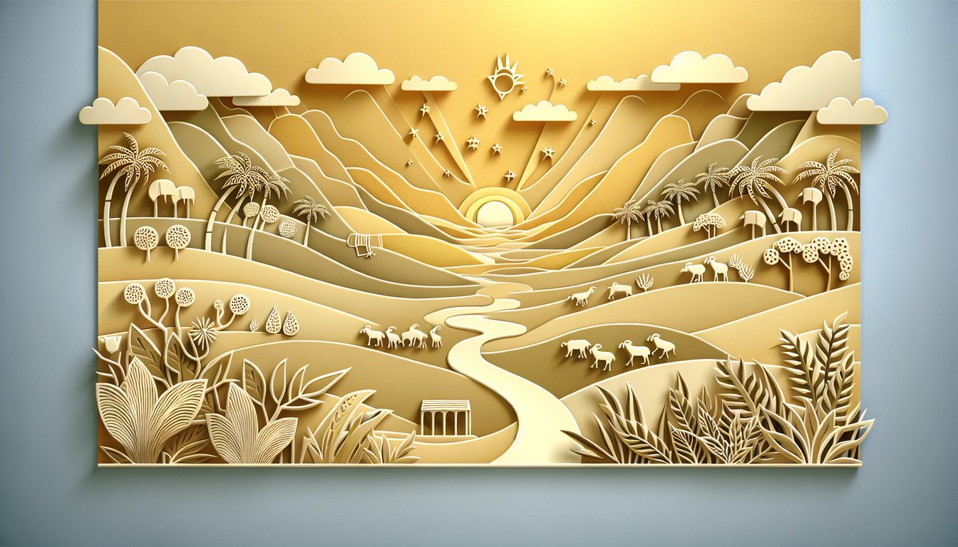 Paper art illustration of Jacob blessing Joseph amid layered scroll icons against golden yellow background