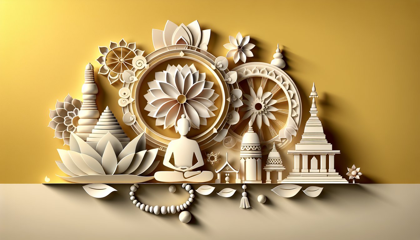 Paper art illustration for Am I a Buddhist Quiz on golden yellow background
