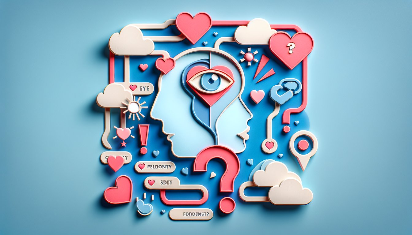 paper art style illustration with hearts lips speech bubble question mark on sky blue background for flirty quiz