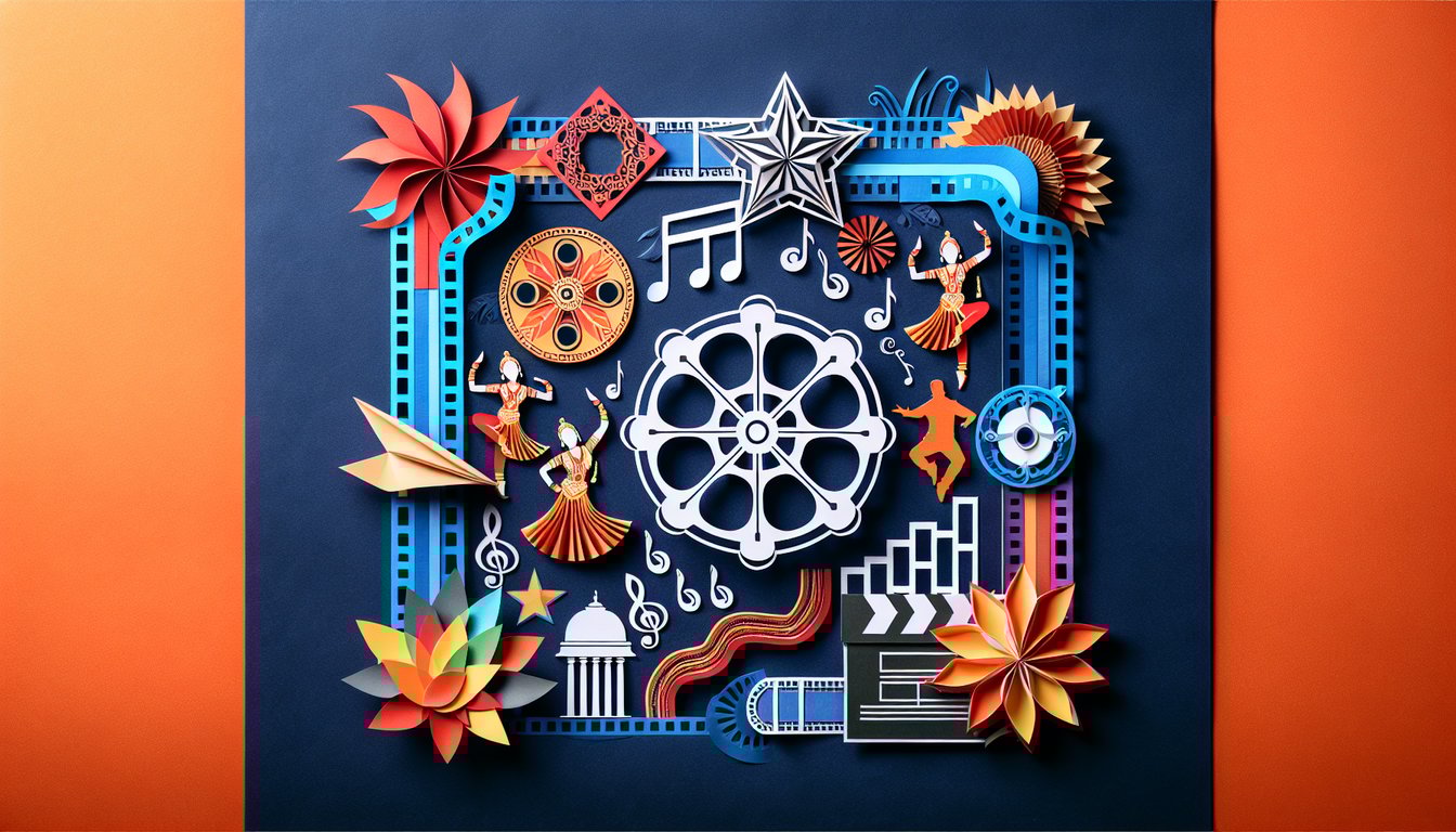 Colorful paper art depicting Bollywood entertainment trivia quiz theme