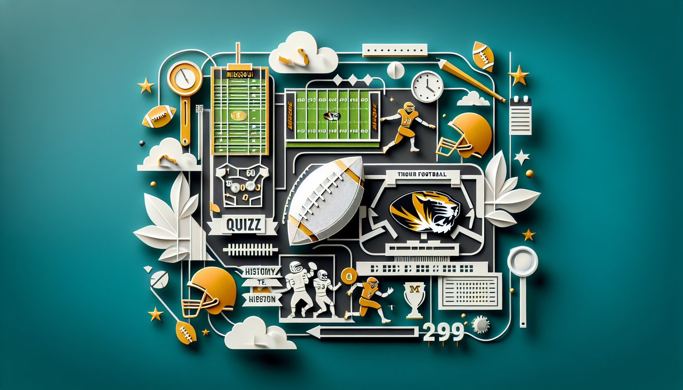paper art style football quiz banner with Missouri Tigers helmet stats and epic game moments on teal background