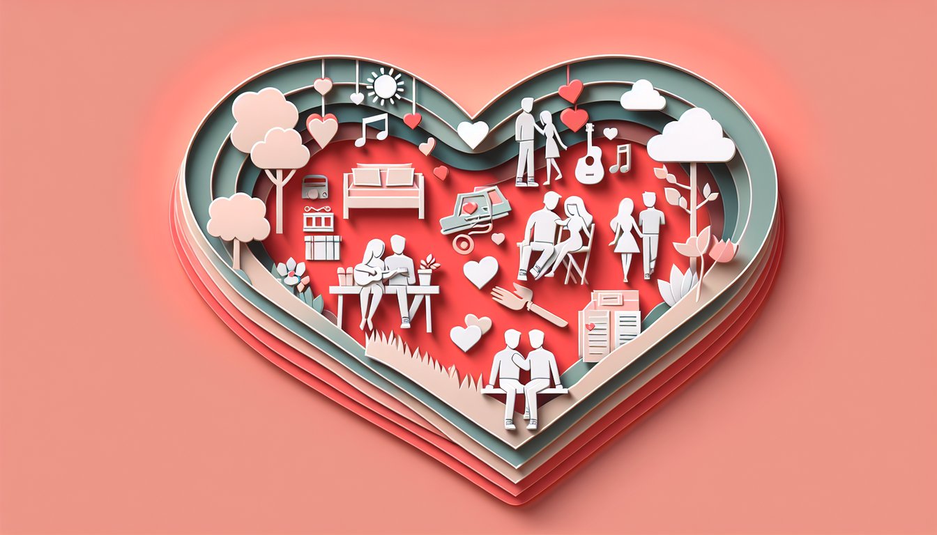 Paper cut style heart and boy silhouettes on coral background for a free personality crush quiz