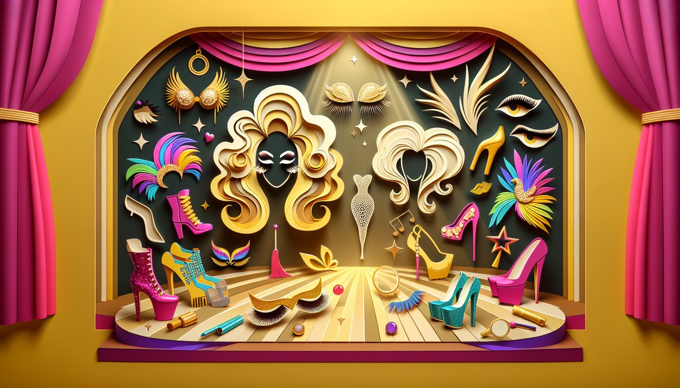 paper art illustration of drag queen silhouettes for AJ and the Queen personality quiz on golden yellow background