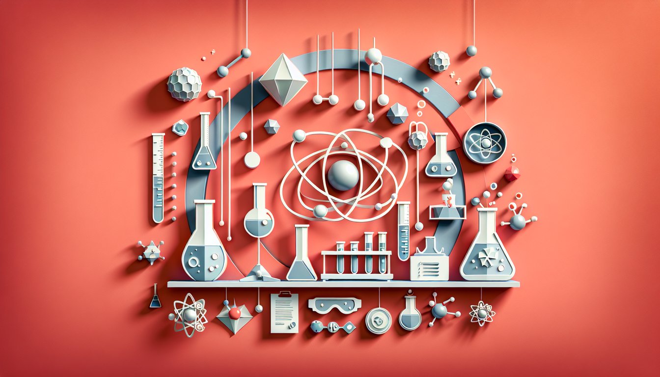 Paper art chemistry quiz scene with beaker flasks molecules atom symbols on coral background