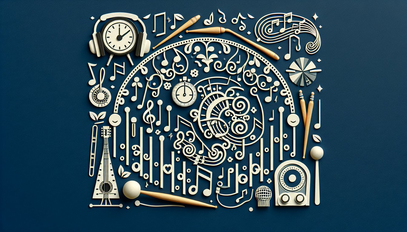 Colorful paper art depicting musical notes for a Music Rhythm Knowledge Assessment quiz.