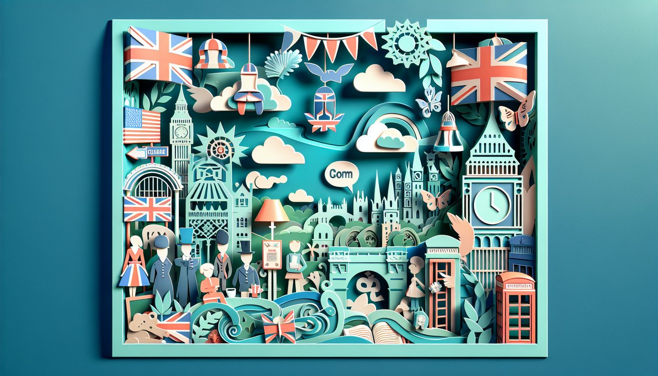 Paper art letters and icons for British slang quiz with US and UK symbols on teal background