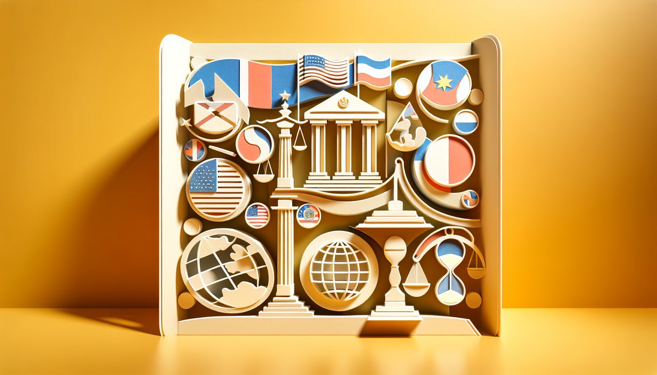 Paper art quiz illustration on politics trivia, political systems, leaders, current events on a golden yellow background.