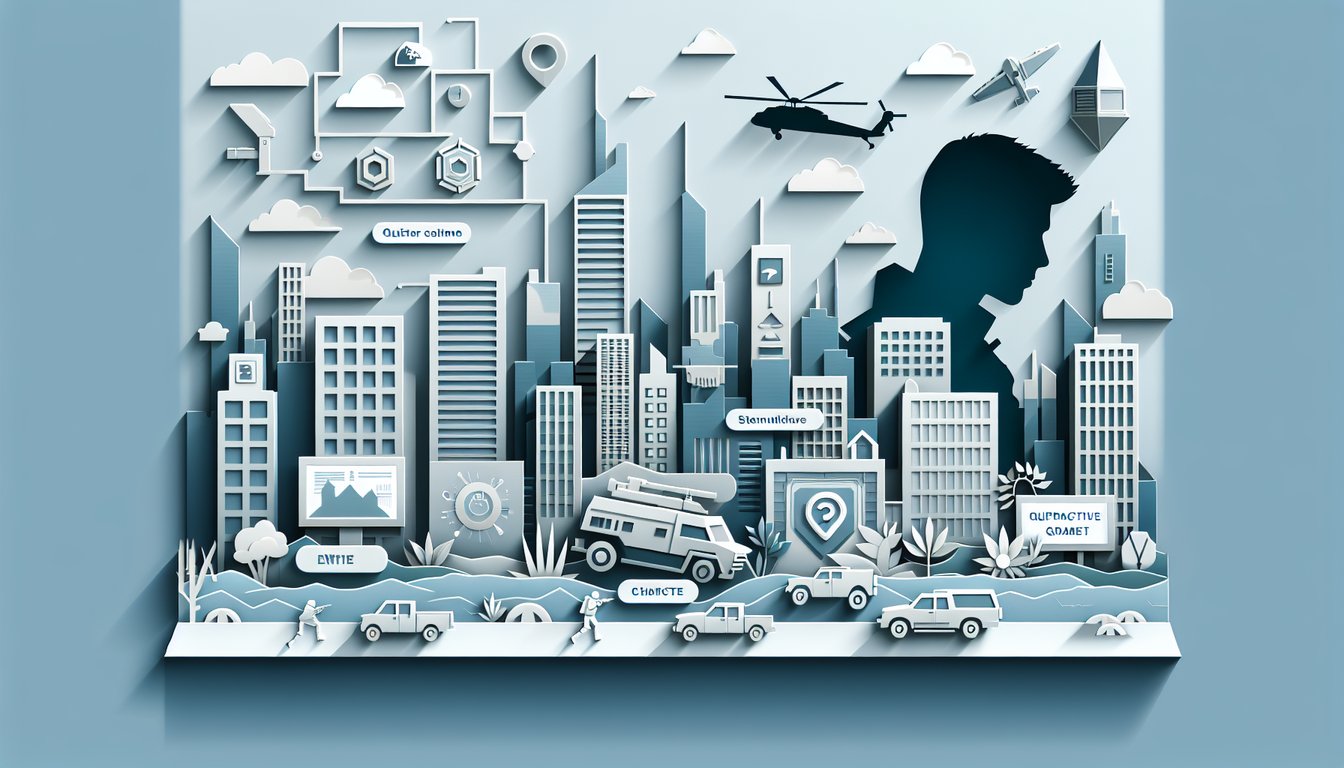 Paper art collage of San Andreas skyline car character silhouettes missions hidden secrets quiz theme on teal background