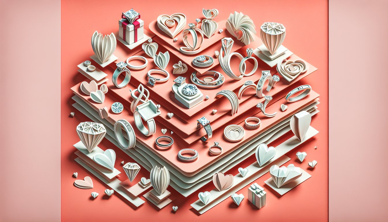 Paper art illustration of wedding bands with floral cutout accents on coral background for free wedding ring style quiz