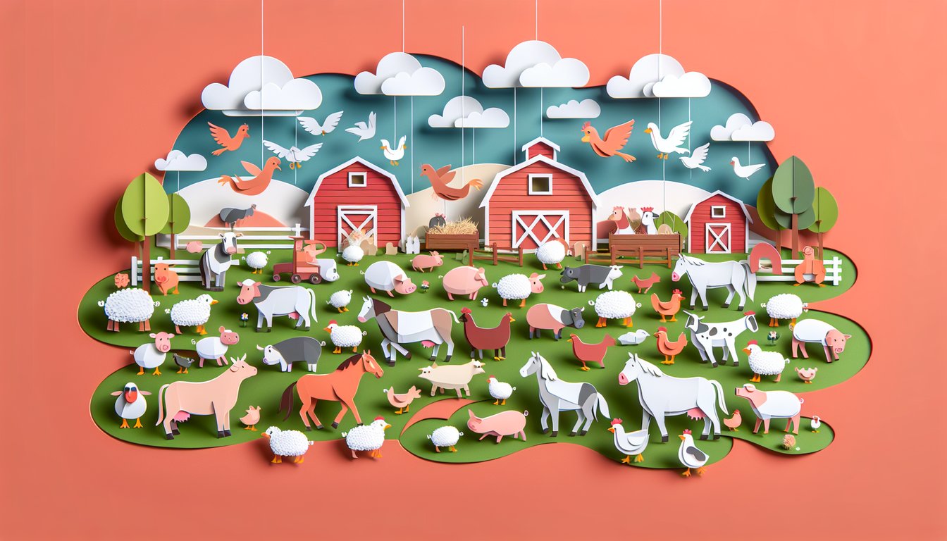 Paper art farm animals on coral background playful quiz prompt to find your movie barnyard character match.