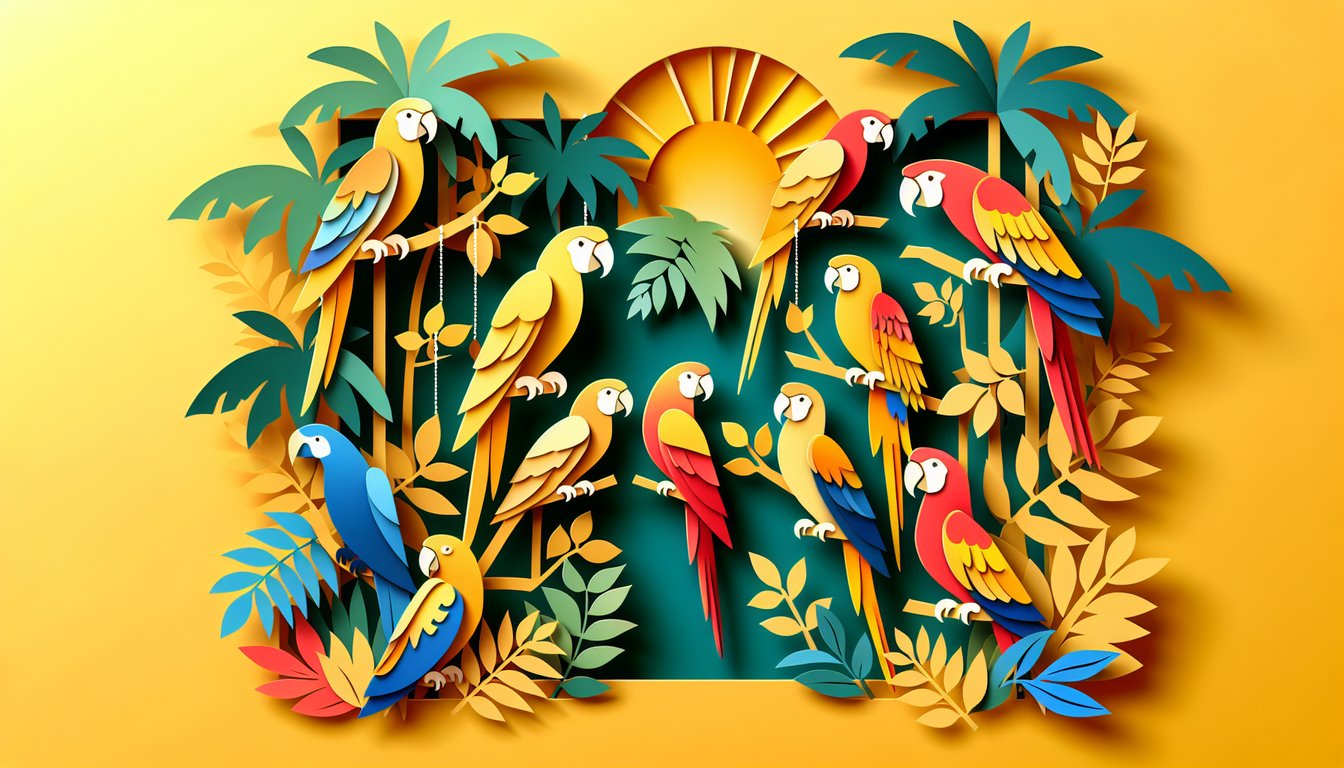 Paper art colorful parrots on a golden yellow background for a quiz helping you find your ideal parrot match.