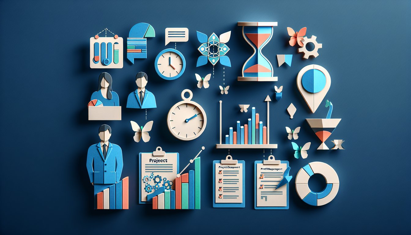 Colorful paper art illustrating a quiz on Project Management Staff Knowledge Test.