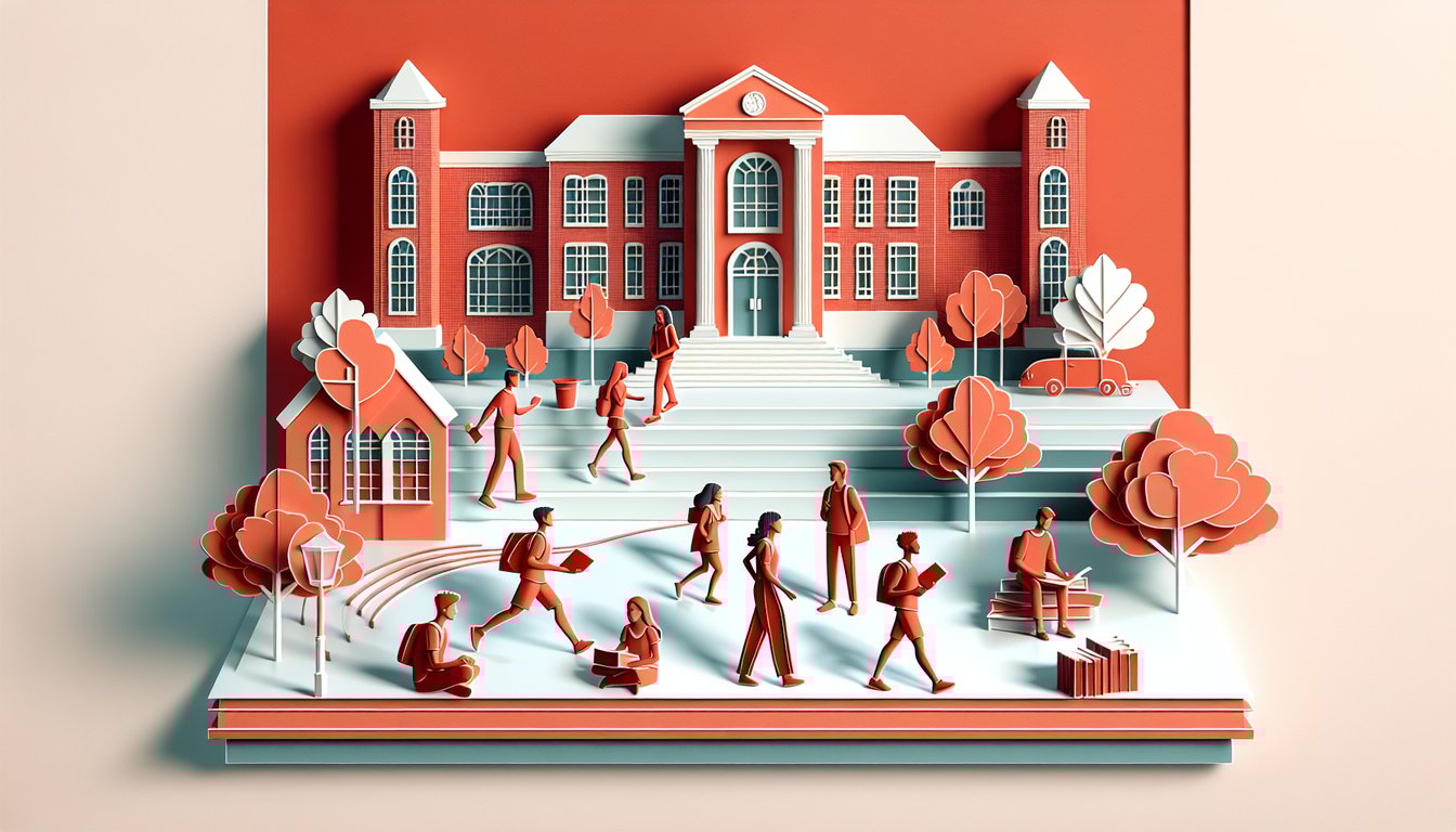 Paper art campus scene on a coral background with students, speech bubbles, quiz prompt to test your school cool factor
