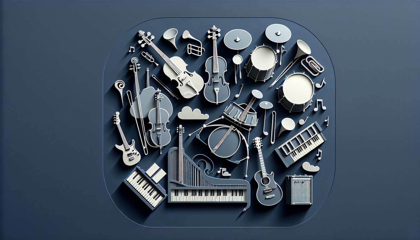 Paper art illustration for a musical instrument personality quiz on a dark blue background