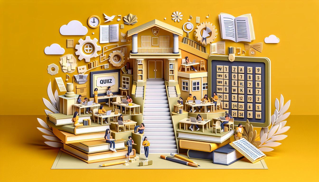 Paper art illustration for quiz on sorority trivia and MIP exam essentials on a golden yellow background.