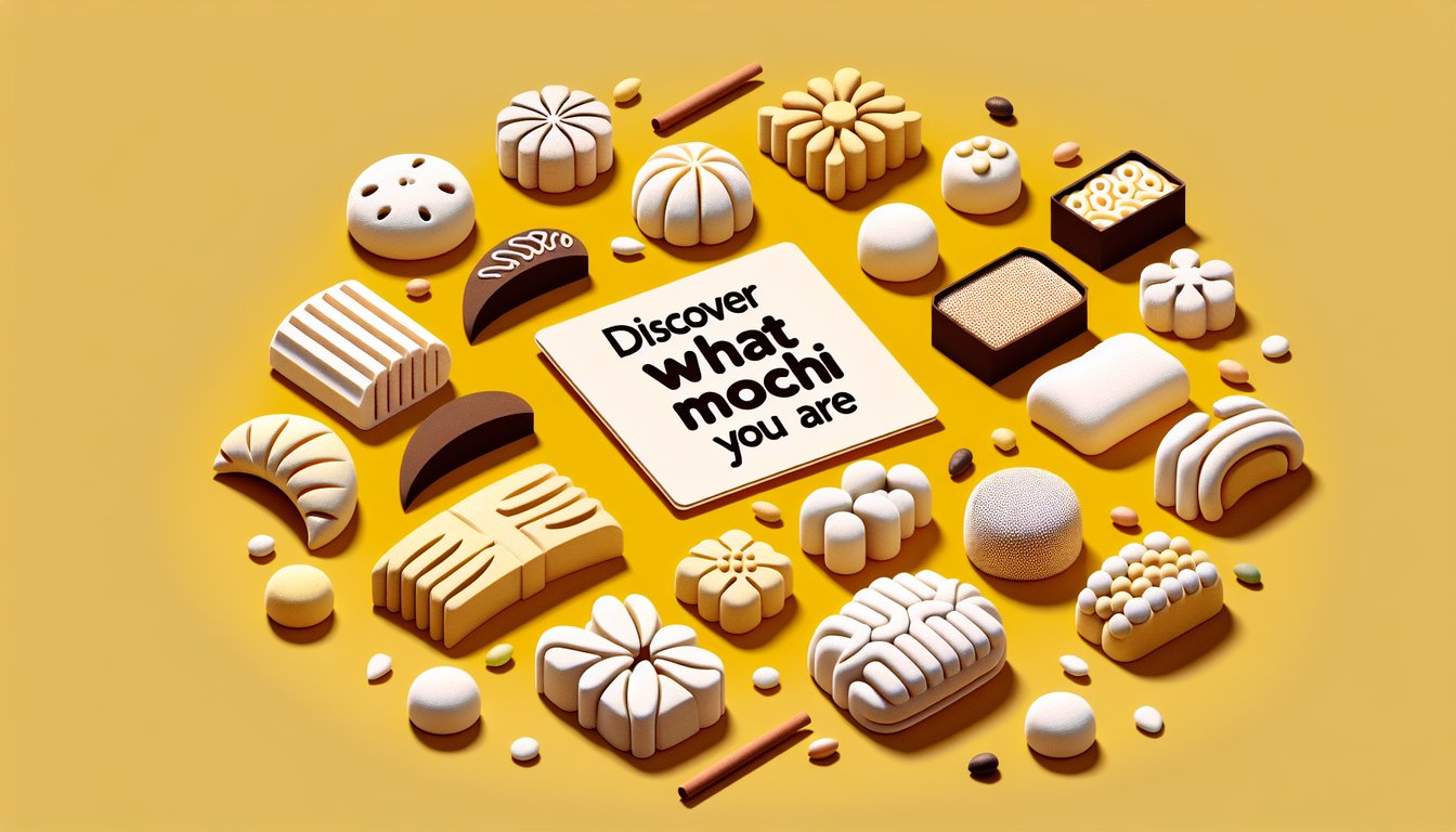 paper art collage of colorful mochi characters, with playful personality quiz elements on golden yellow background