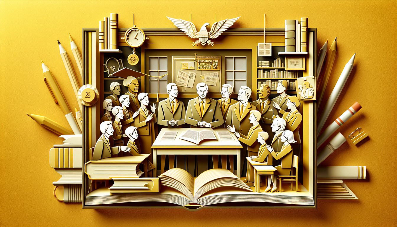 Paper cut style icons of books pencil schoolhouse and 1965 headlines on golden yellow backdrop for ESEA history quiz