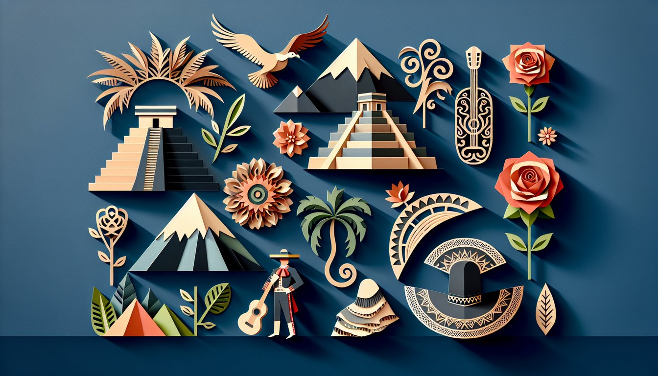 Paper art illustration of Latin America quiz concept showing map flags books and quiz icons on dark blue background.