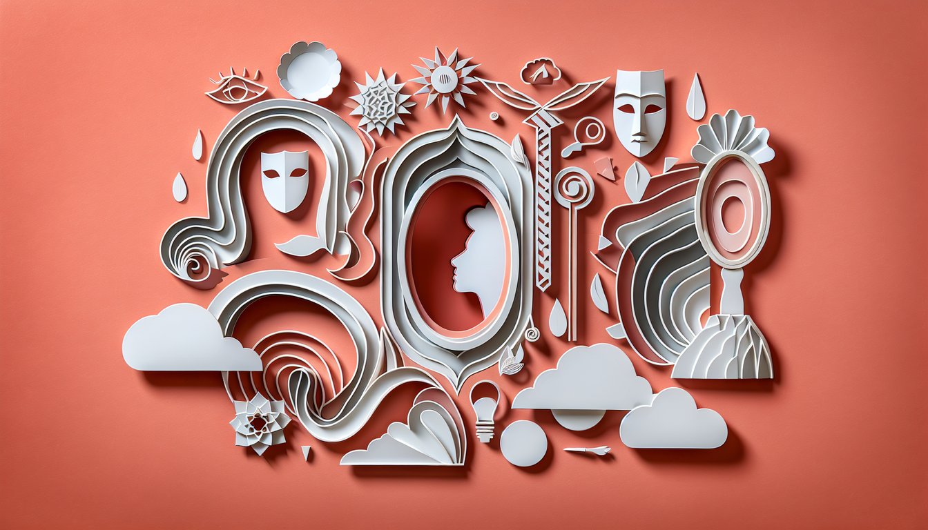 Paper art illustration for personality quiz on real or fake identity on a coral background