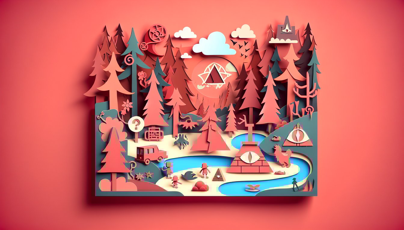 Paper art illustration for Gravity Falls quiz with hidden mysteries and fun facts on a coral background.