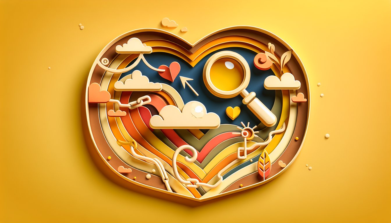 Paper art illustration for a romance self-discovery quiz on a golden yellow background