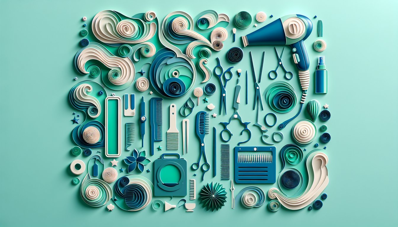 Paper art illustration cosmetology tools exam sheet and Texas license on teal background for TDLR laws quiz