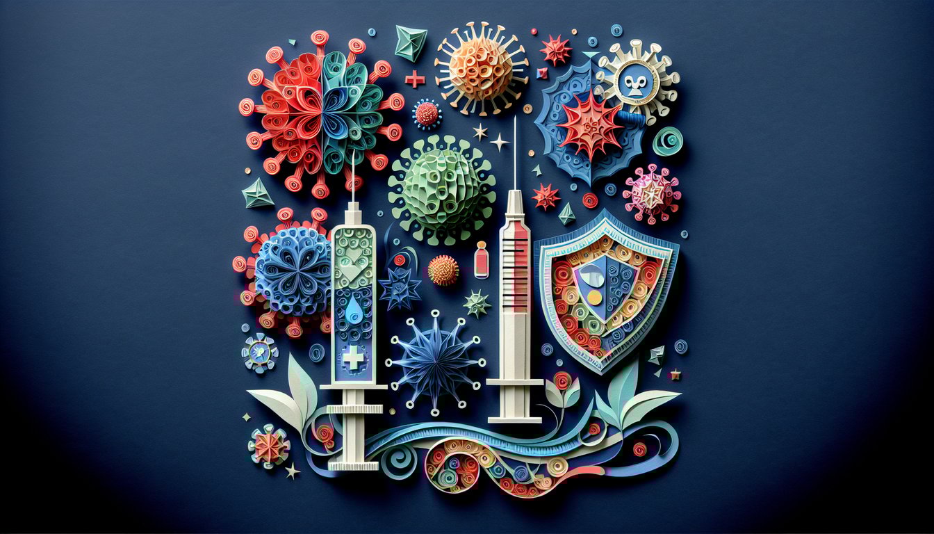 Colorful paper art depicting elements related to a Vaccination Knowledge Quiz.