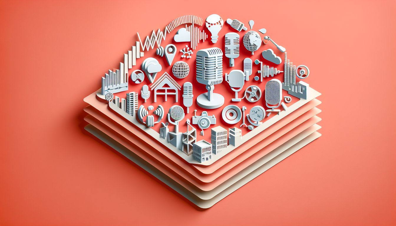 Paper art illustration of a speaking head, speech waves and map markers on coral background for an accent and dialect quiz