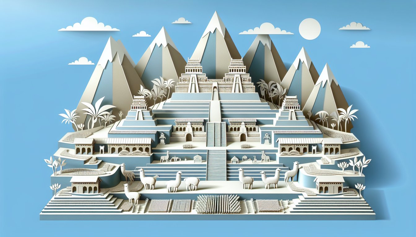 Paper art illustration for AP World MCQ practice quiz on Inca significance, repartimiento system, haciendas on sky blue background.