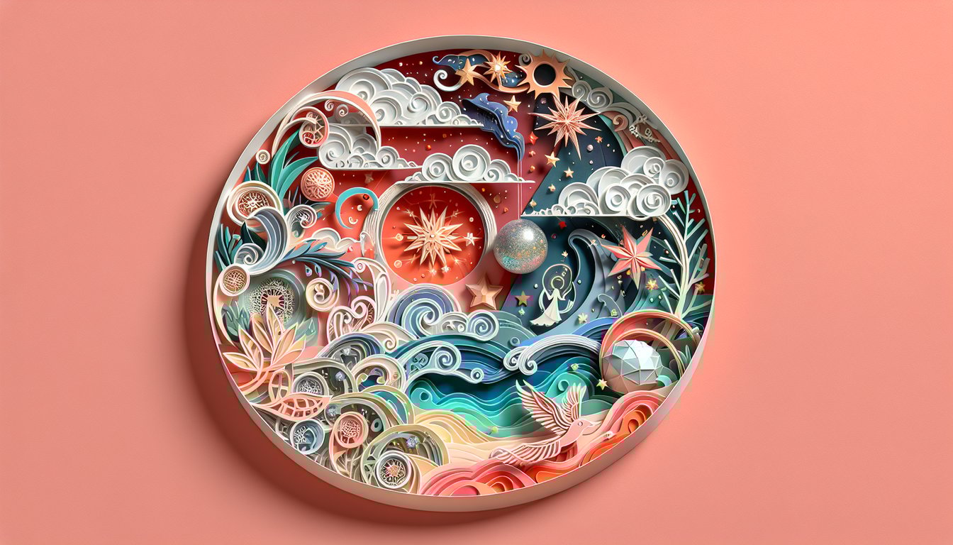 Paper art coral background depicting falling stars a star shaped gem and silhouettes hinting at a magic movie quiz