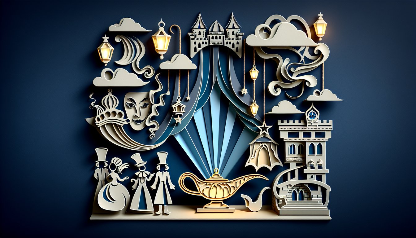 Paper art illustration for Corn Exchange pantomime quiz on dark blue background