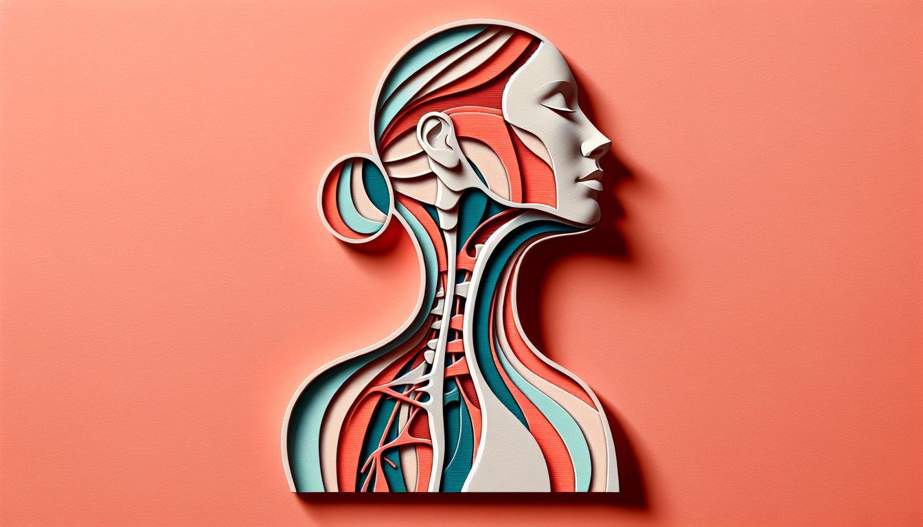 Coral background layered paper art depicting anterior and posterior neck triangles with quiz theme lettering