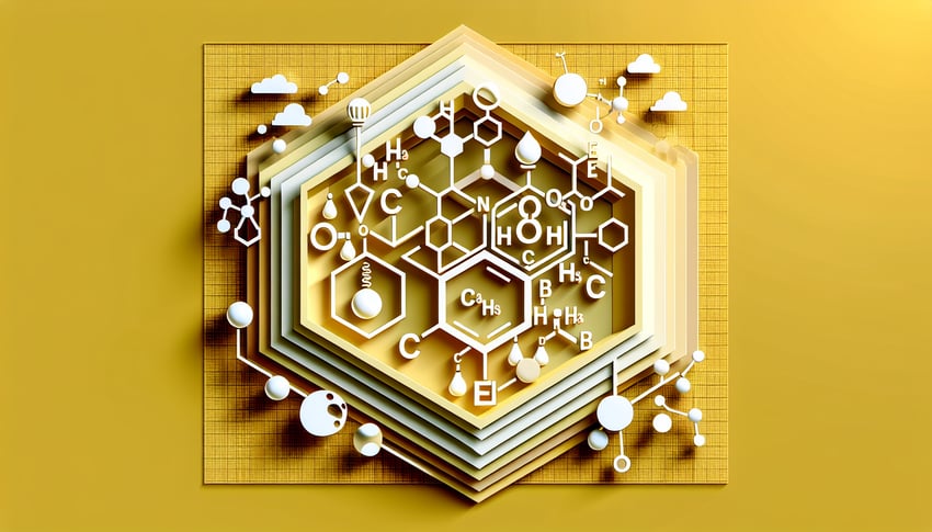 Paper cut benzene ring Huckel rule symbols aromatic compounds on golden yellow background quiz banner