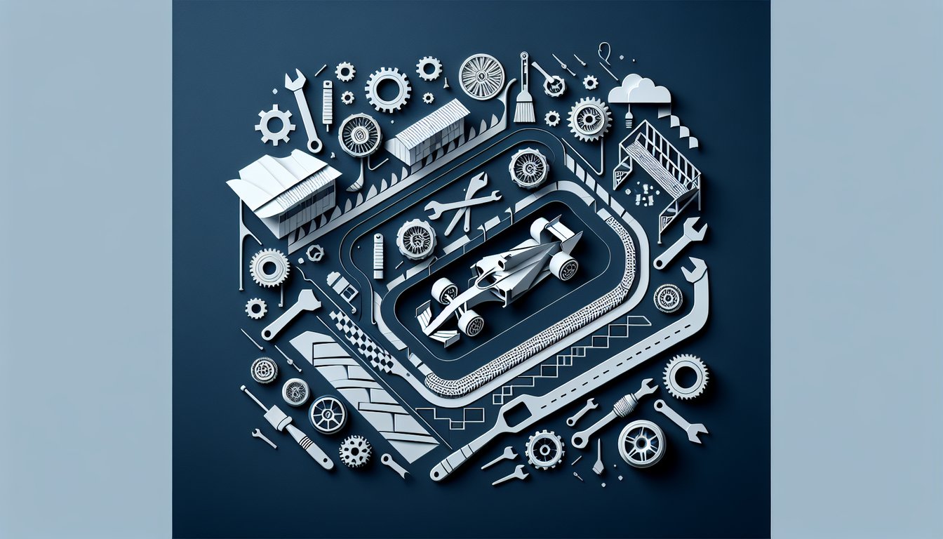 Colorful paper art displaying various motorsport elements for a technical knowledge quiz