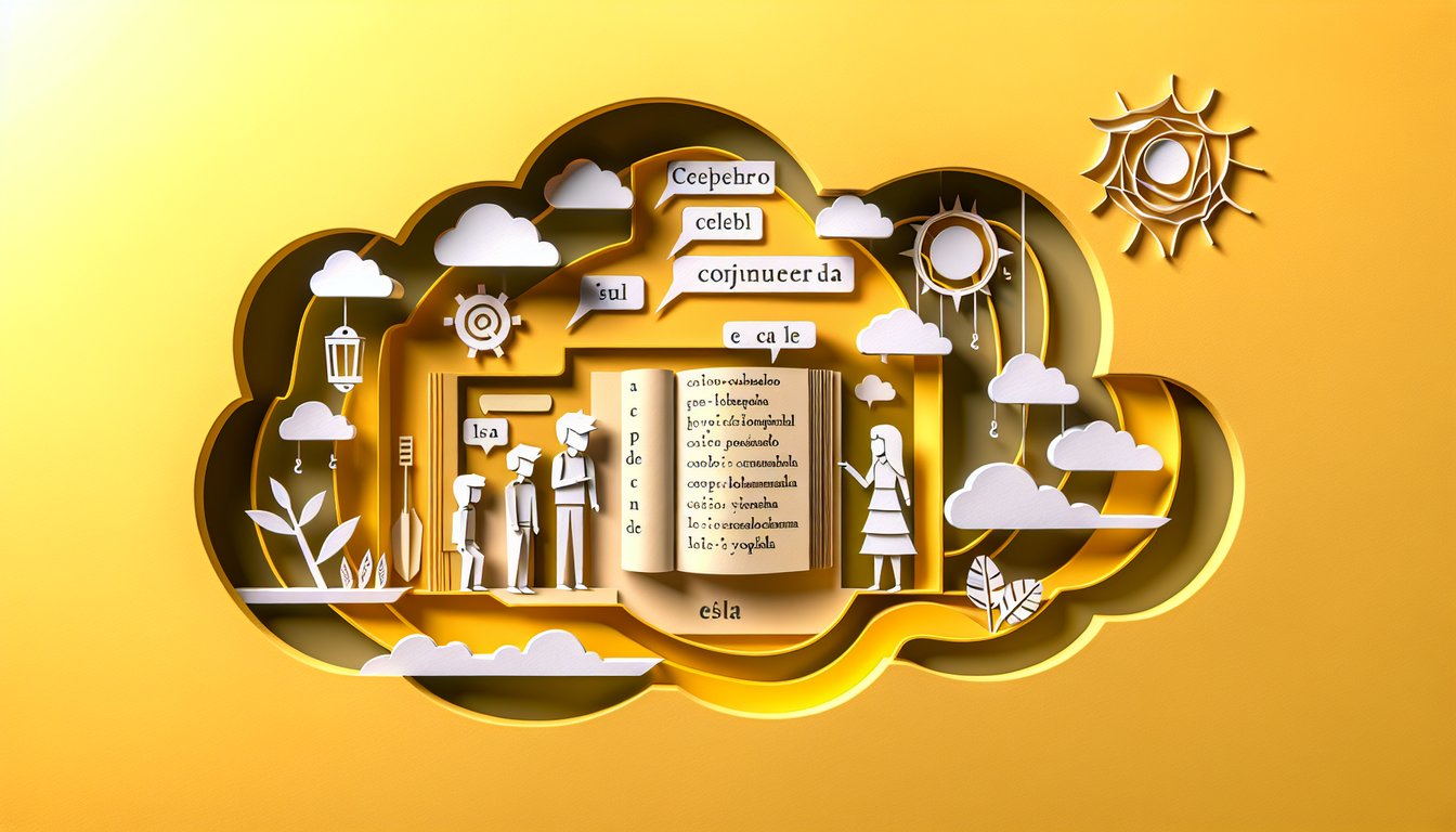 Paper art quiz scene with Spanish stem changing verbs challenge free master conjugations bright yellow backdrop