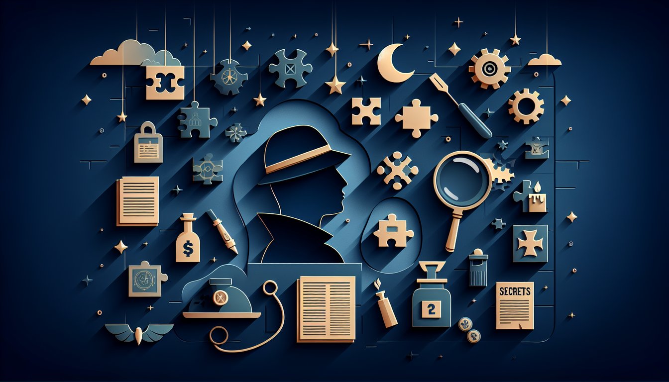 Paper art detective with magnifying glass and question mark on dark blue background for Agatha Christie trivia quiz