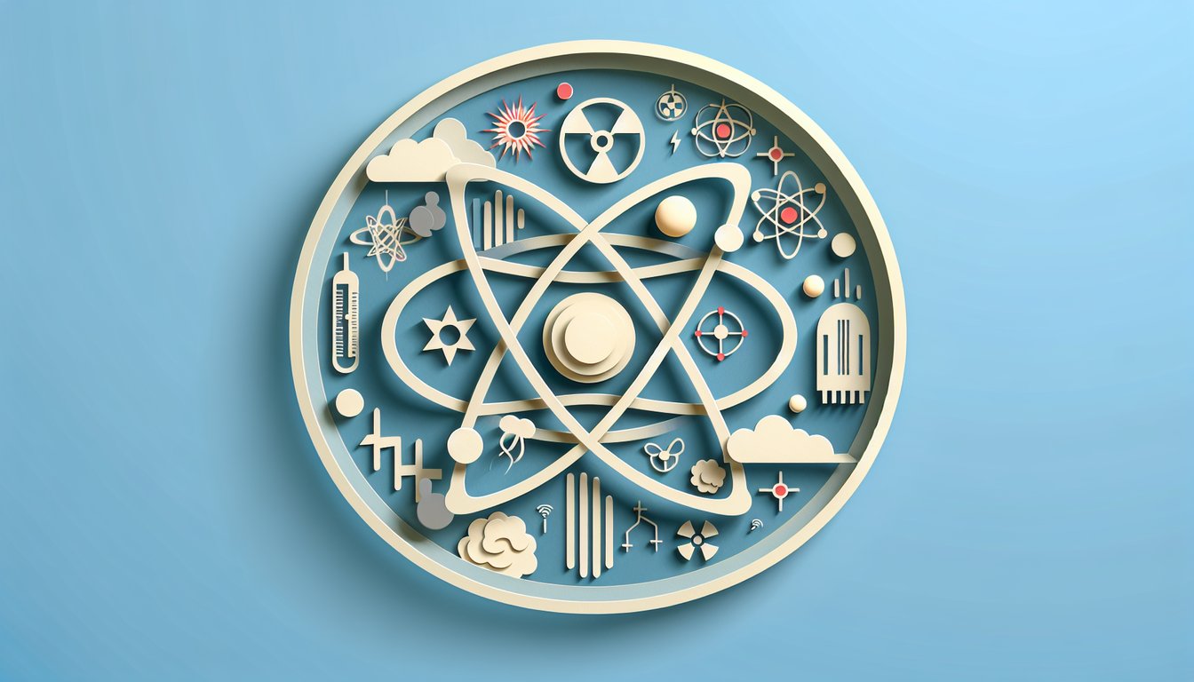 Paper art style, atoms nucleus and radiation symbols on sky blue background with text Atomic Nucleus and Radioactivity quiz